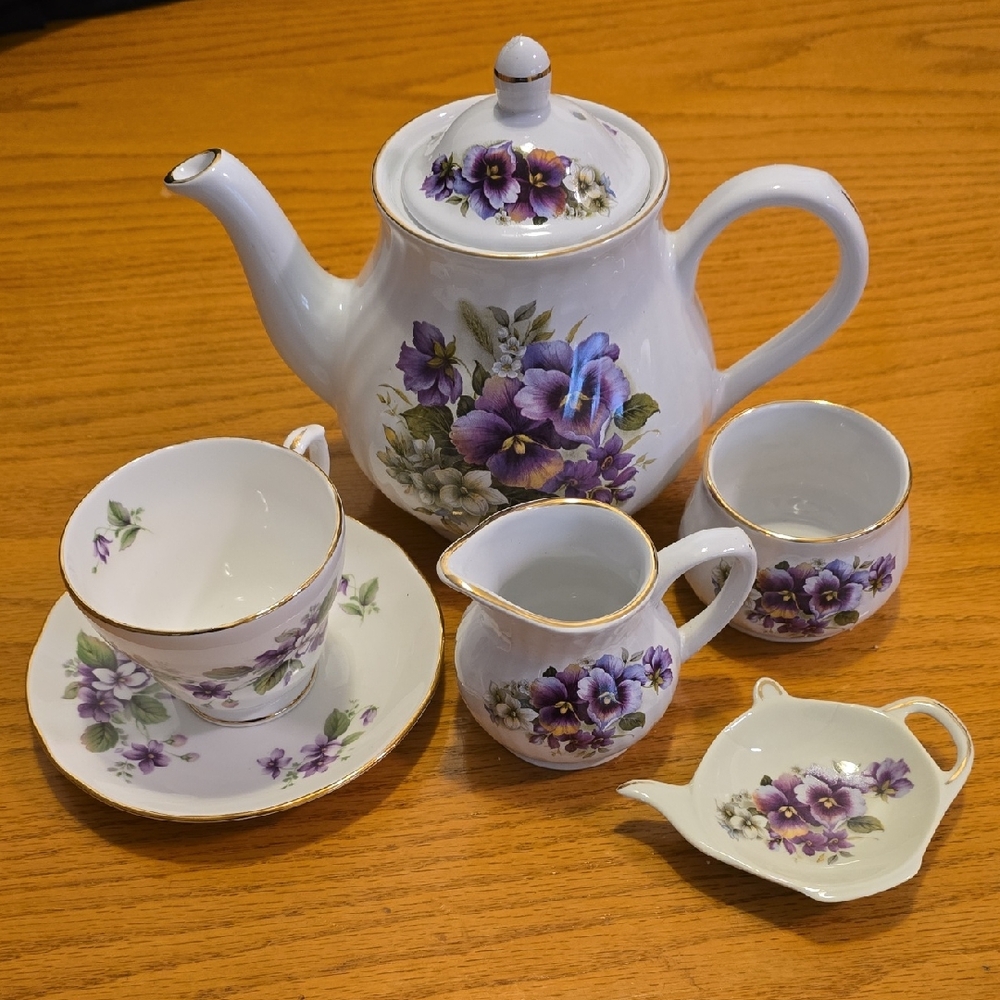 Vintage Tea Set Staffordshire England Arthur Wood & Son Purple Pansies